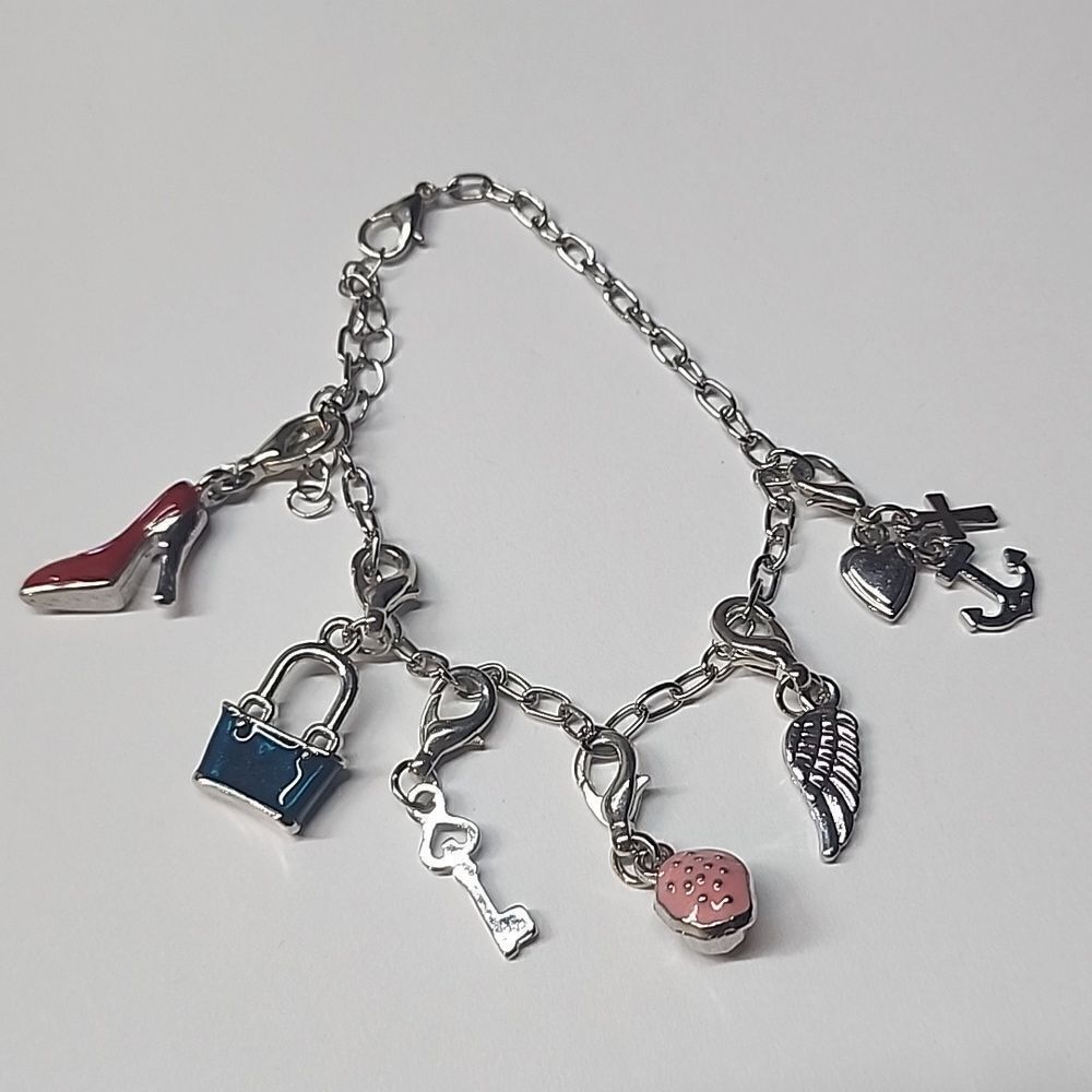 Womens Silver Tone Charm Bracelet Cupcake High Heel Purse Key Angel Wing Anchor